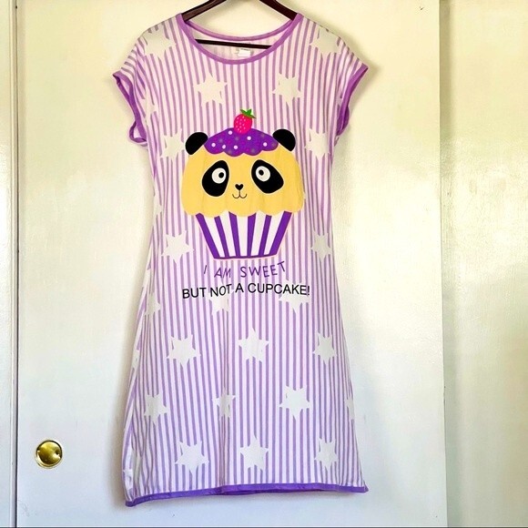 NWOT Lati Fashion Panda Bear Intimates Nightgown Sz L White with Purple Stripes - Picture 1 of 2
